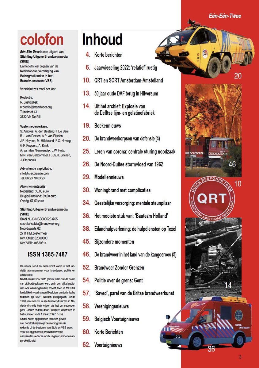 Binnenkort valt hij weer op de mat, de eerste van de zes dit jaar. Wederom is de Eén Eén Twee voorzien van diverse interessante artikelen. Van voertuigen tot inzetverslagen. Wilt u het blad ook ontvangen wordt snel lid van brandweer.org