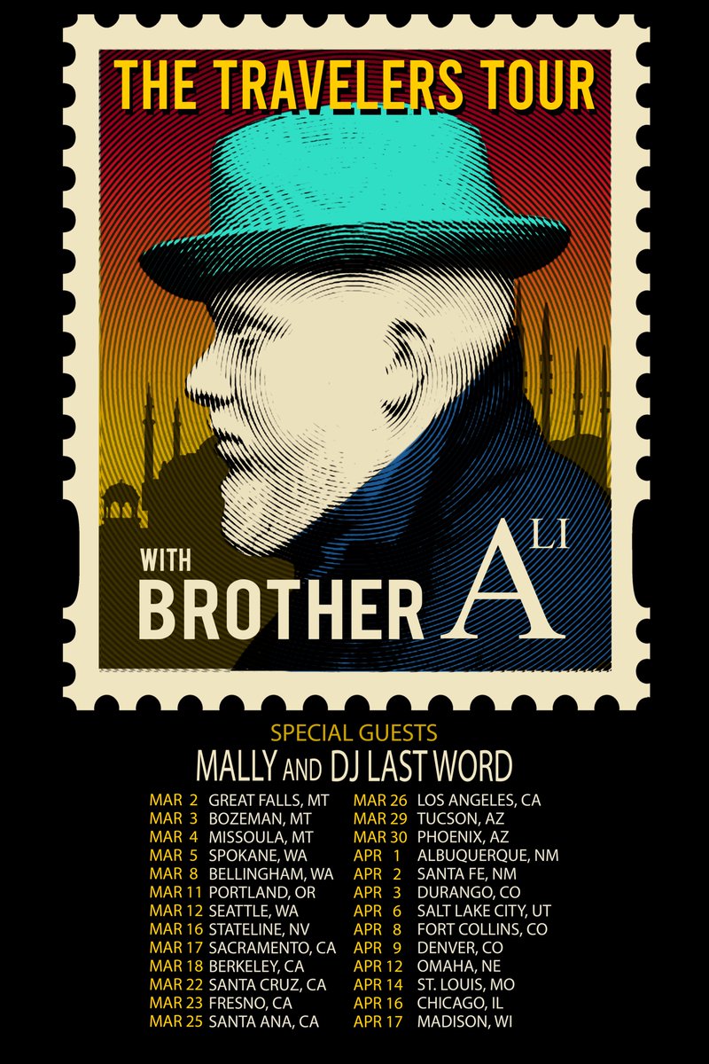 BrotherAli's tweet photo. The Travelers Tour kicks off ONE MONTH FROM TODAY! Head to https://t.co/2FXVj5nQjg for tix &amp; VIP! There's been a lineup change, we'll now be joined by @mally &amp; @lastwordmpls https://t.co/YXjGqw4Lo3
