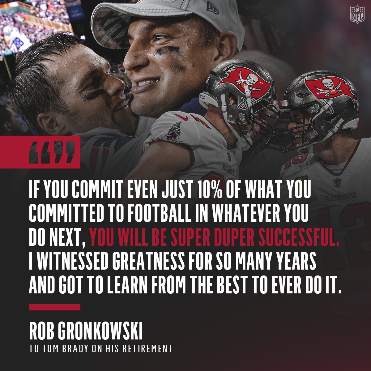 NFL's tweet photo. There will never be another duo like Tommy and Gronky.

@TomBrady | @RobGronkowski | #ThankYouTom https://t.co/Qu4WP8AfXS