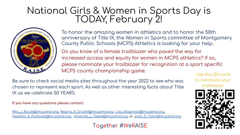 TODAY is National Girls &amp; Women in Sports Day! To honor the amazing women in athletics, we need your help! If you know someone who has been a trailblazer for women in MCPS Athletics, please nominate them: forms.gle/KgNDUDCb8nedFP… 
@KennedyMCPSPrin <a href="/KennedyHS_PTSA/">John F. Kennedy High School PTSA</a> <a href="/jfk_counseling/">JFK Counseling</a>