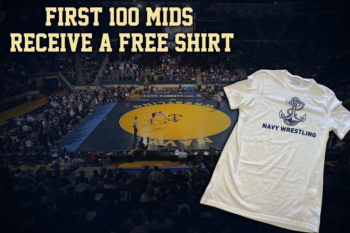🚨CALLING ALL MIDS!🚨

The FIRST 100 Mids that show up for Friday’s dual vs Bucknell will receive a FREE Under Armour Navy Wrestling shirt! Dual begins at 7:30pm so get there early! 

#GoNavy⚓️ #WinTheBattle