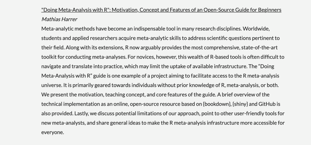 eshackathon's tweet photo. NOW: Mathias Harrer (@MathiasHarrer) - "Doing Meta-Analysis with R": Motivation, Concept and Features of an Open-Source Guide for Beginners

#EvidenceSynthesis #MetaAnalysis #RStats #GUI #UserInterfaces

https://t.co/oNLv2aVxX6 https://t.co/YH9kRBevl8