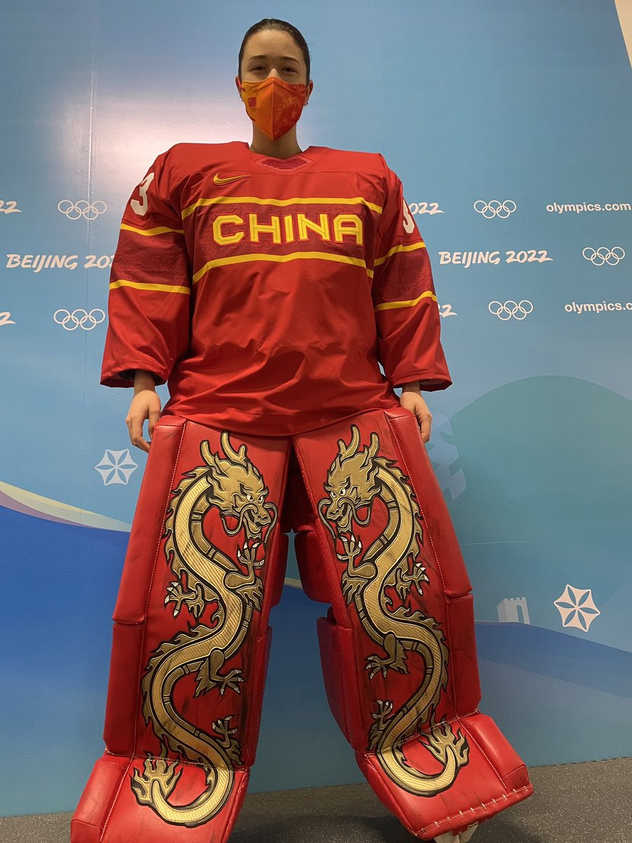GoalieGearNerd's tweet photo. 🐉 Jiaying Zhou’s Team China @goaliesonly pads are absolutely unreal. The Brian’s logos are omitted as they don’t pay the IIHF licensing fee to have them displayed. 🐉 https://t.co/xbeQ4fFqVq