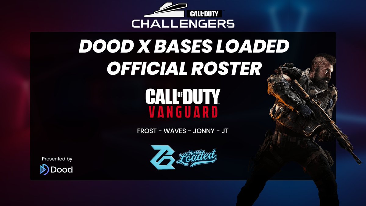 Dood_eSports's tweet photo. 🔷 INTRODUCING 🔷

The @Dood_eSports x @BasesLoadedGG
Official Call of Duty Vanguard Roster.

⭐️ @Im__Frost
⭐️ @JaseWaves
⭐️ @Jjonnnyy_
⭐️ @JTSoIo
 
They will represent us in Challengers, Leagues, &amp; Tournaments this season. #GrindToShine 🏆 https://t.co/Xxl6BgClBf