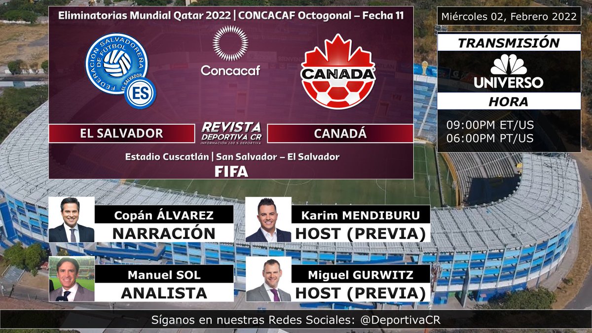 DeportivaCR's tweet photo. #EliminatoriasQatar2022 @Concacaf F11
🇸🇻 @LaSelecta_SLV v @CanadaSoccerEN 🇨🇦
🎙️ @CopanAlvarez @manuelsol @KarimDeportes @Miguel_Gurwitz
⏰09:00pm ET 06:00pm PT por @NBCUniverso
🇨🇷 #RumboAlMundial #SLVvsCAN #DeportivaCR https://t.co/7S2eVRKwKs