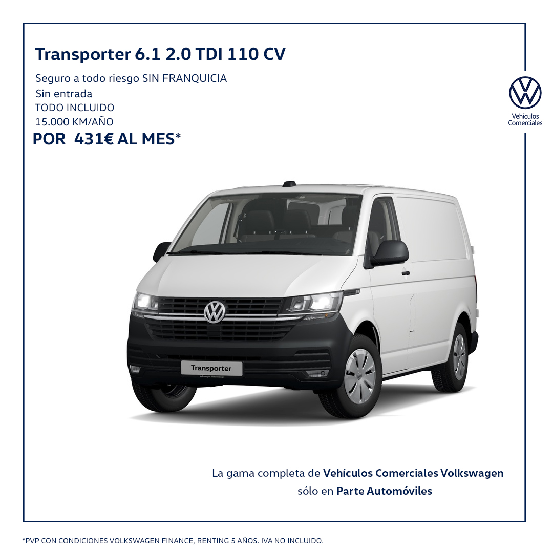 partevw's tweet photo. Para ti, que necesitas un cambio y un compañero de trabajo. Transporter SIN ENTRADA, por 431€/ al mes y con TODO INCLUIDO. 
Para más información visita nuestras exposiciones y te resolveremos todas las dudas. 
 #VehículosComerciales #Renting #VolkswagenComerciales #Furgonetas https://t.co/bTC1GPA9uZ