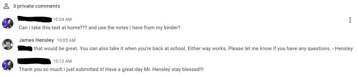 JHensley_DPHS's tweet photo. I have the best job. Student is out sick & sends a message about a test we are taking in class. Student can take the test when they get back, no biggie. Here's the exchange. #AltEdChat #DPHSbulldogs #PJUSDlearns https://t.co/xfsaknh3fi