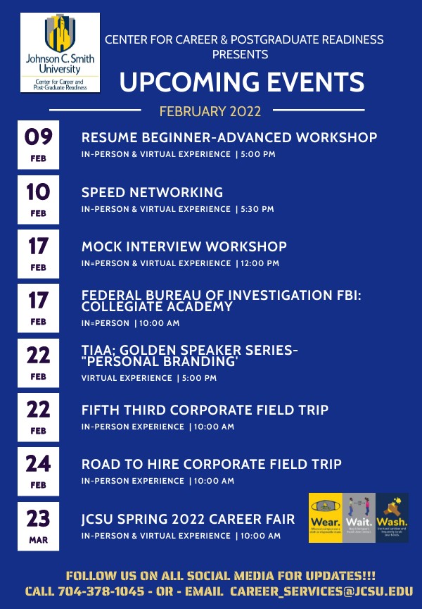 CareersJCSU's tweet photo. What an amazing lineup for February 2022! Are You Connected? #careerreadiness #internships #workshops #fbiacademy #corporatefieldtrips #networking
JOIN US!!!👍 https://t.co/LatIhWHb8A
