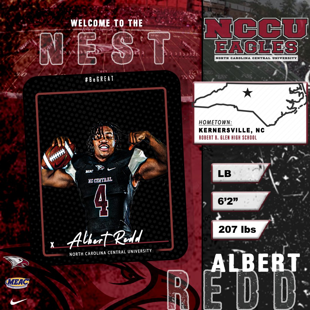 NCCU_Football's tweet photo. WELCOME TO THE NEST❗️

It's official for, ALBERT REDD‼️

EAGLE PRIDE!  🦅🏆🦅 

#BeGREAT @meacsports
#EaglePride #EagleEra https://t.co/RmlGctg7s6