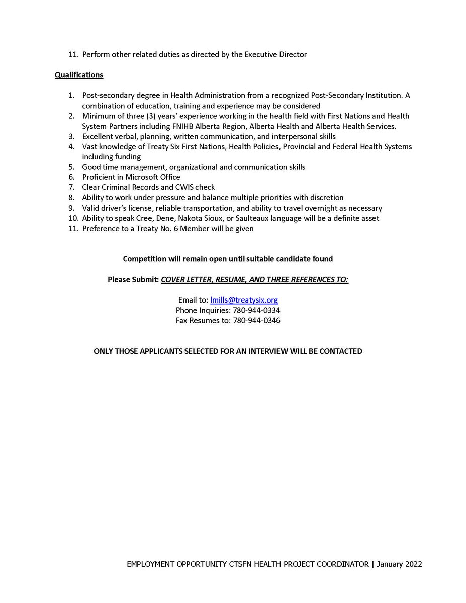 Confederacy of Treaty Six First Nations Health Project Coordinator Job Post. #Alberta #Treaty6