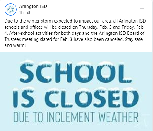 ArlingtonHigh's tweet photo. AISD is closing on 2/3 & 2/4 due to incoming inclement weather. If your child is involved in any after-school activities today, please touch base with the sponsor of the activity to see if the activity will occur. Stay safe & warm Colts Family! #coltsfamily #firsthere https://t.co/LE0PB63onH