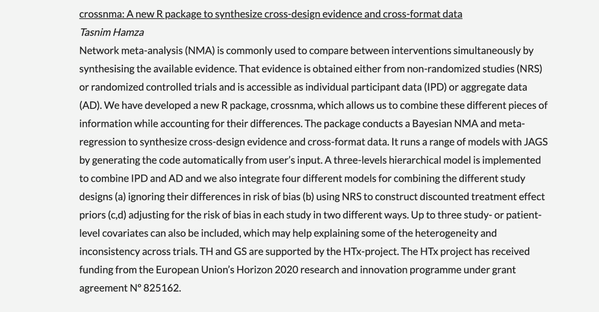 eshackathon's tweet photo. NOW: Tasnim Hamza (@TasneemHamza8) - crossnma: A new R package to synthesize cross-design evidence and cross-format data
#EvidenceSynthesis #MetaAnalysis #RStats #NetworkMetaAnalysis #QuantitativeSynthesis
https://t.co/oNLv2bd9lG https://t.co/9SYu02epqx