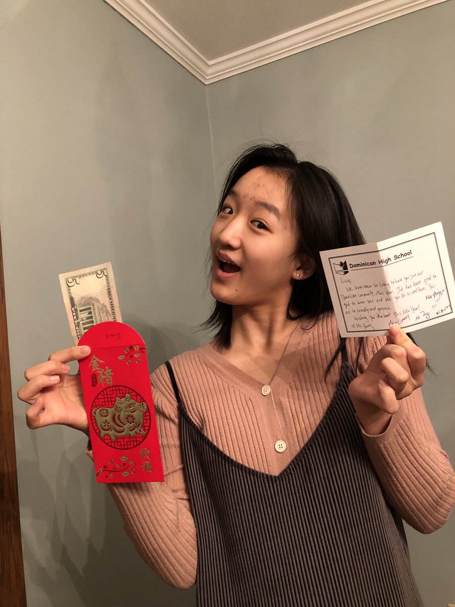 Haiyunlu's tweet photo. My niece is so excited to receive a #RedEnvelop at school from her school counselor. I’m grateful for the thoughtfulness and global understanding of her school. Dominican High School #ChineseNewYear #theYearofTheTiger #VeryAsian https://t.co/mlKHHndyJz