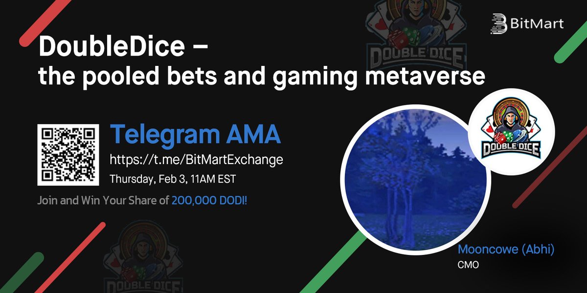 BitMartExchange's tweet photo. 🔈Join us @DoubleDice_com 11AM EST Feb 3 for $DODI AMA! We are pleased to have Mooncowe (Abhi), CMO!

1⃣ Follow @BitMartExchange &amp; @DoubleDice_com
2⃣ RT &amp; tag 3 frds
3⃣ Join https://t.co/UKA4qhKuip
4⃣ Fill: https://t.co/YfZQQt2an8 

🔥 Win your share of 200,000 DODI! https://t.co/sLOZQGbo61