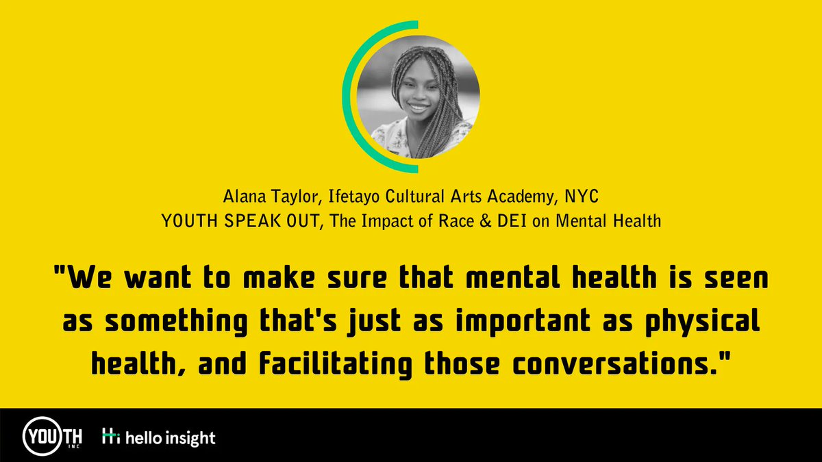Youth INC (@youthinc_nyc) on Twitter photo We hosted a forum, in partnership with <a href="/helloinsightSEL/">Hello Insight</a> that was led by young people on their experiences of race and DEI and its impacts on mental health.
Alana Taylor, representing <a href="/ifetayoculture/">IfetayoCulturalArts</a>, shares her thoughts on how important and valid mental health conversations are. We hosted a forum, in partnership with <a href="/helloinsightSEL/">Hello Insight</a> that was led by young people on their experiences of race and DEI and its impacts on mental health.
Alana Taylor, representing <a href="/ifetayoculture/">IfetayoCulturalArts</a>, shares her thoughts on how important and valid mental health conversations are.