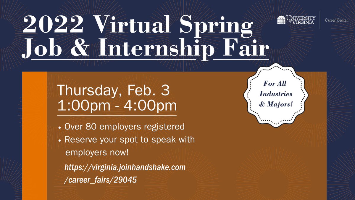 Reminder: The Spring Job &amp; Internship Fair is tomorrow (Thurs.)! Sign up now to secure your time with employers! bit.ly/UVACareerFair