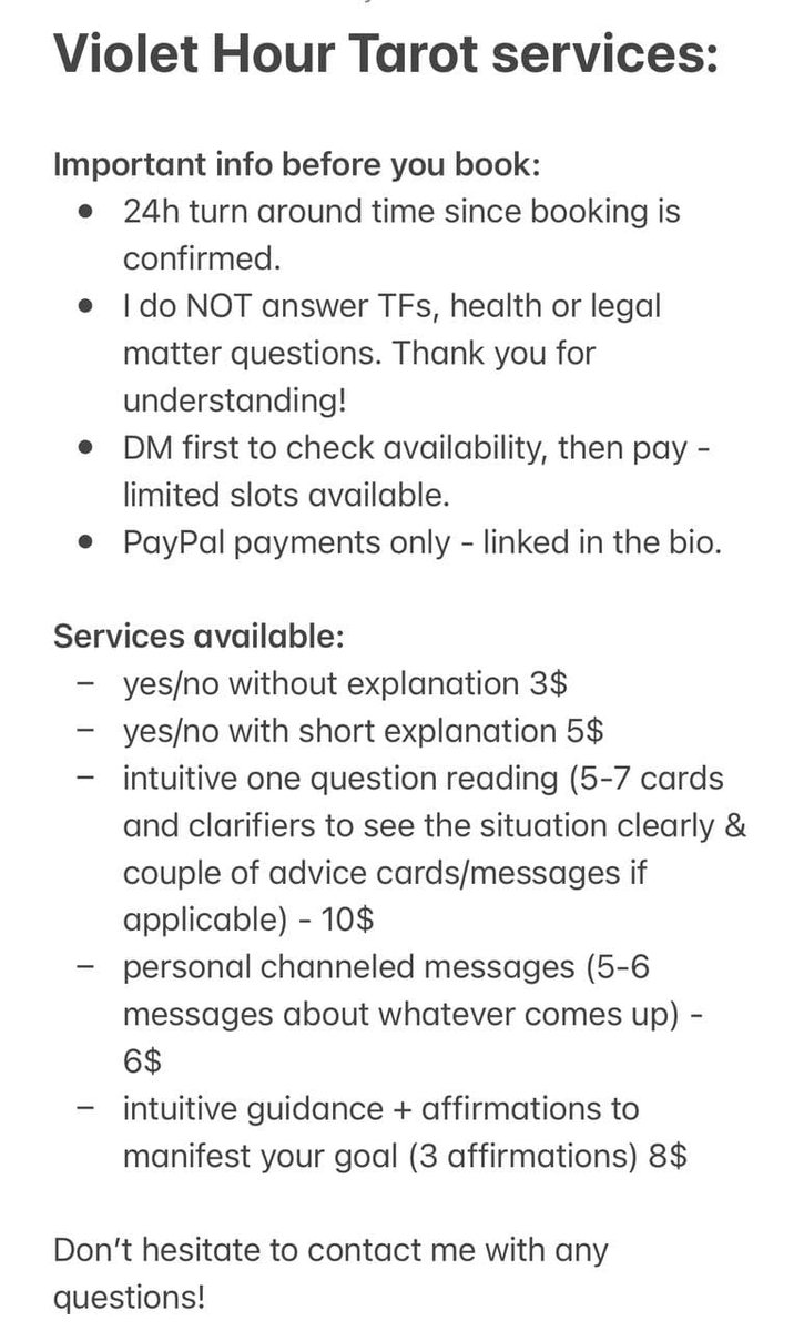 violethourtarot's tweet image. My name is Olga and I'm an intuitive tarot reader (she/her) - I've been reading for myself and my friends for couple of years now and most recently started to read for some of you! I'm opening my paid services and here's all you need to know before DMing me 💜🙏👋