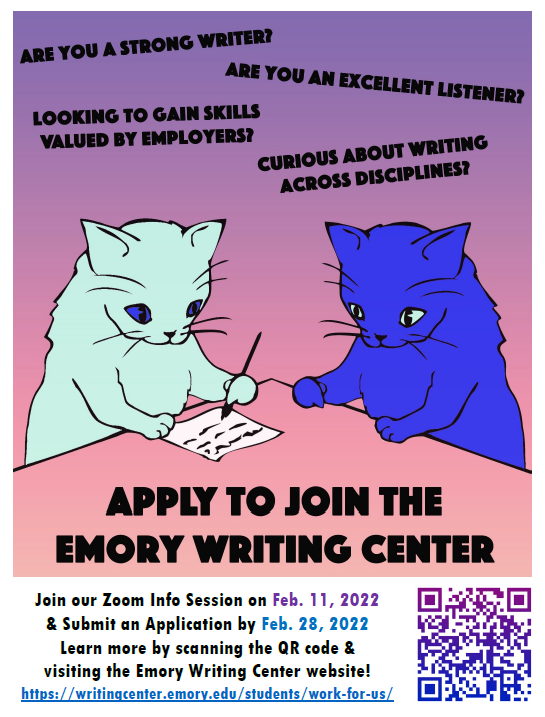 EmoryWritingCtr's tweet photo. We're hiring new tutors to begin next fall! Learn more, attend our 2/11 noon info session, and apply here by 2/28: https://t.co/5YpLD0fsUZ https://t.co/FriHsvlBHD