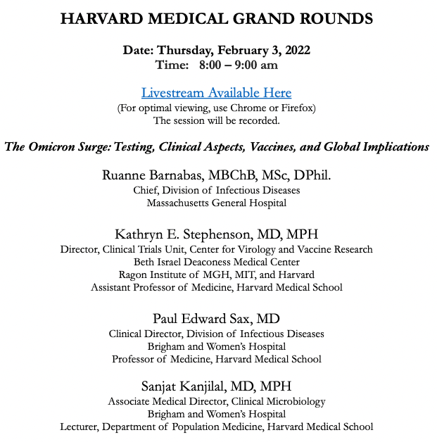 Totally thrilled to be sharing this @harvardmed Grand Rounds with two *brilliant* @MGHBWHIDFellows grads (@k_stephensonMD and @SanjatKanjilal), along with the new @mgh_id Chief, Dr. Ruanne Barnabas. Livestream here: healthcare.partners.org/streaming/Live…