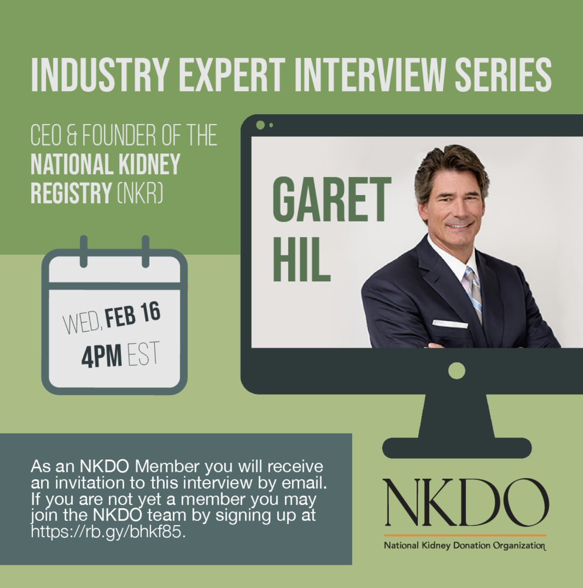 NKDO members will receive an invitation to join this educational interview with Garet Hil, CEO and Founder of the National Kidney Registry on February 16 at 4pm EST. If you have not yet joined, you may do so here: nkdo.org/nkdo-membership