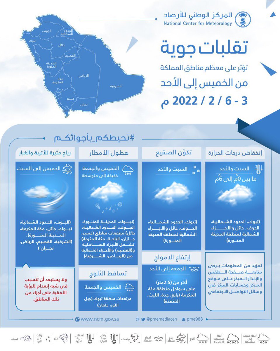 emara_najran's tweet photo. 🛑استمرار التقلبات الجوية على معظم مناطق #المملكة ابتداءً من الغد #الخميس إلى #الأحد.
#المركز_الوطني_للأرصاد https://t.co/YgRD8j0BQf