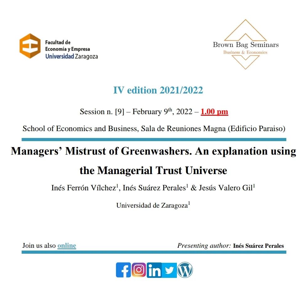 BagBusiness's tweet photo. 📢9th session of the #IVBBS is coming soon! @FECEM_unizar
🧑🏫 Inés Suárez Perales (@unizar ) will be presenting:
🔍"Managers' mistrust of greenwashers. An explanation using the managerial trust universe"
📅 Wednesday 9th of February at 🕐 13:00
📍Sala de Reuniones Magna & online https://t.co/KNACsakqEu