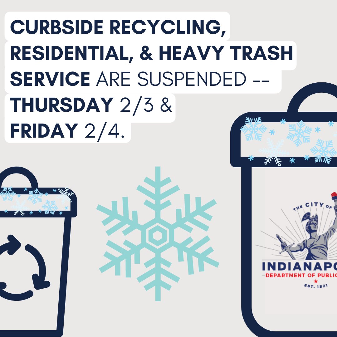♻️🗑️ Due to the ongoing winter weather event, all Thursday &amp; Friday residential + heavy trash + curbside recycling service is suspended this week, including service completed by <a href="/RepublicService/">Republic Services</a> &amp; <a href="/WasteManagement/">WM</a>.

The Citizens Transfer Station will also be CLOSED this Saturday.