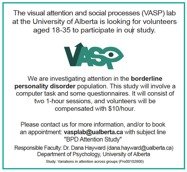 DanaHayward1's tweet photo. The VASP lab is currently recruiting individuals with a diagnosis of borderline personality disorder (BDP) for an attention study, conducted by an honours student and former masters student - please RT widely! https://t.co/Yps78LLyAR