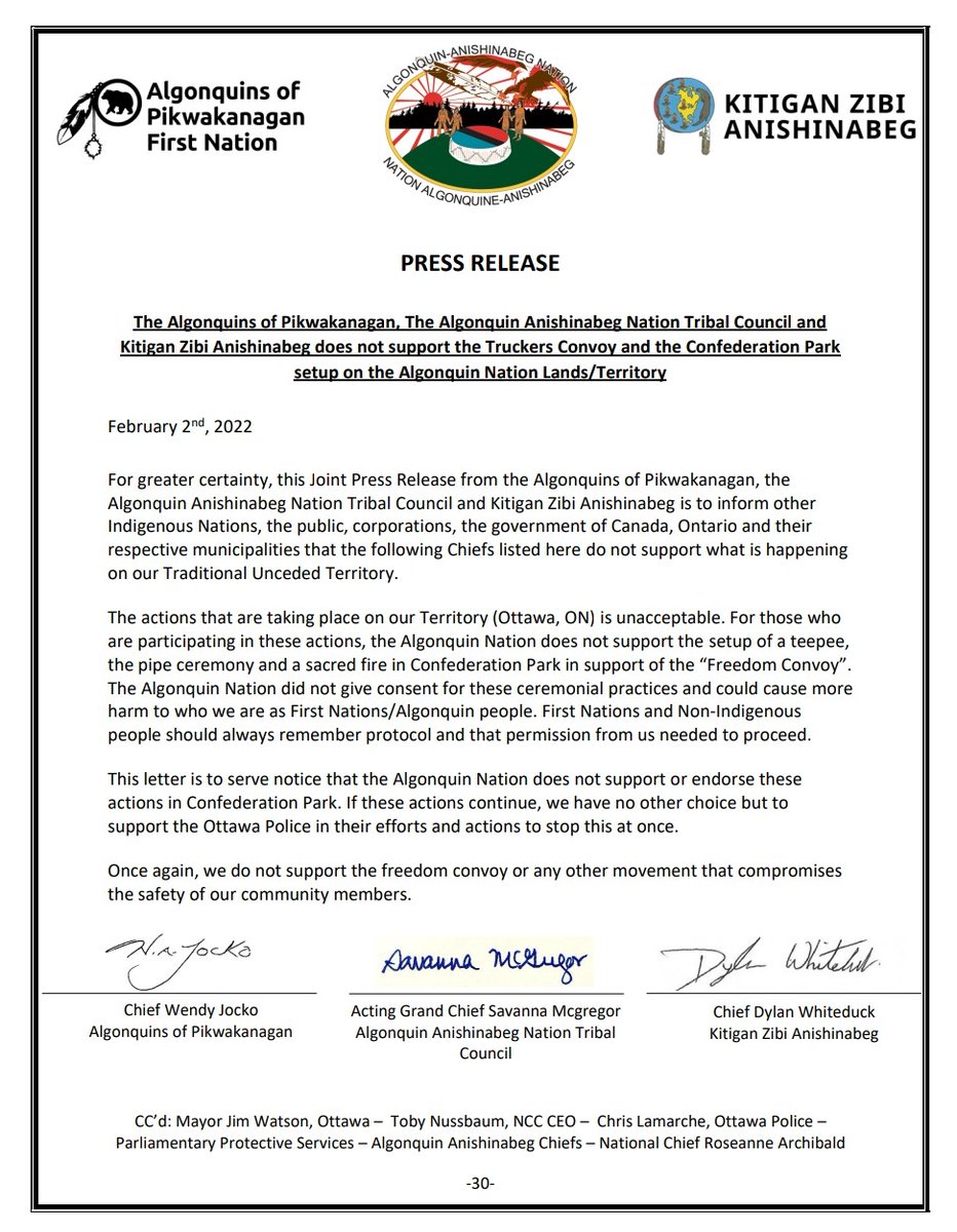 Joint Press Release Re: the Confederation Park and Truckers Convoy