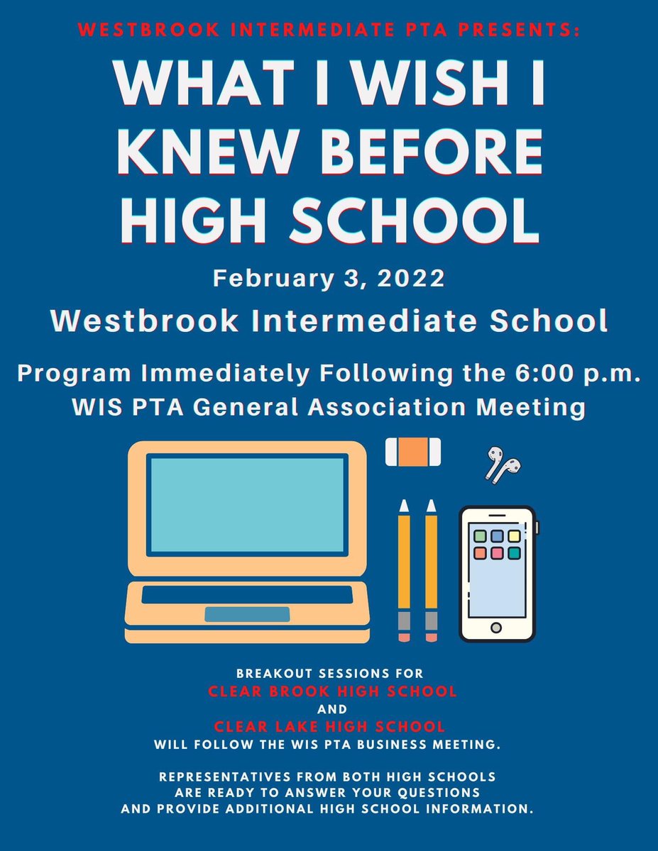 Please join us! Representatives from both high schools in the WIS Feeder Pattern (Clear Brook &amp; Clear Lake) are ready to answer your questions and provide additional high school information. Geared towards 8th graders and their parents but all are welcome!