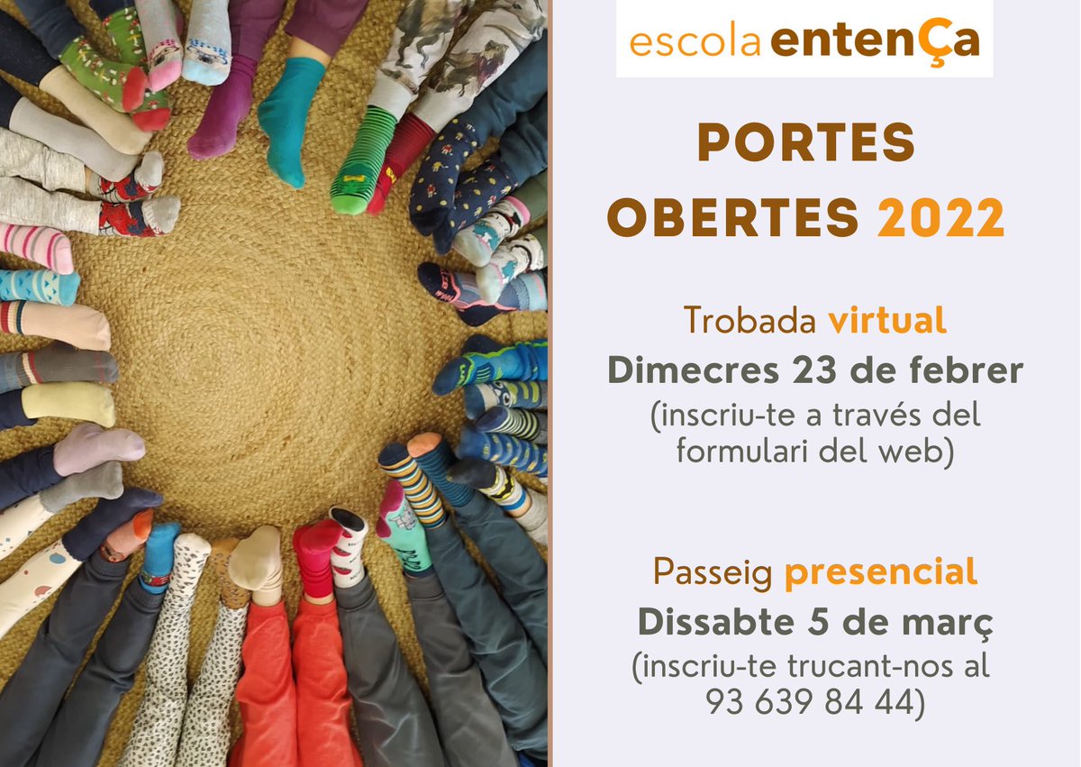Jornada de Portes Obertes 2022. Si us animeu a conèixer l’escola entença ho podeu fer en dos formats diferents: Trobada virtual i Passejada presencial. Consulteu el nostre web per a inscriure-us al què vulgueu participar. escolaentenca.cat