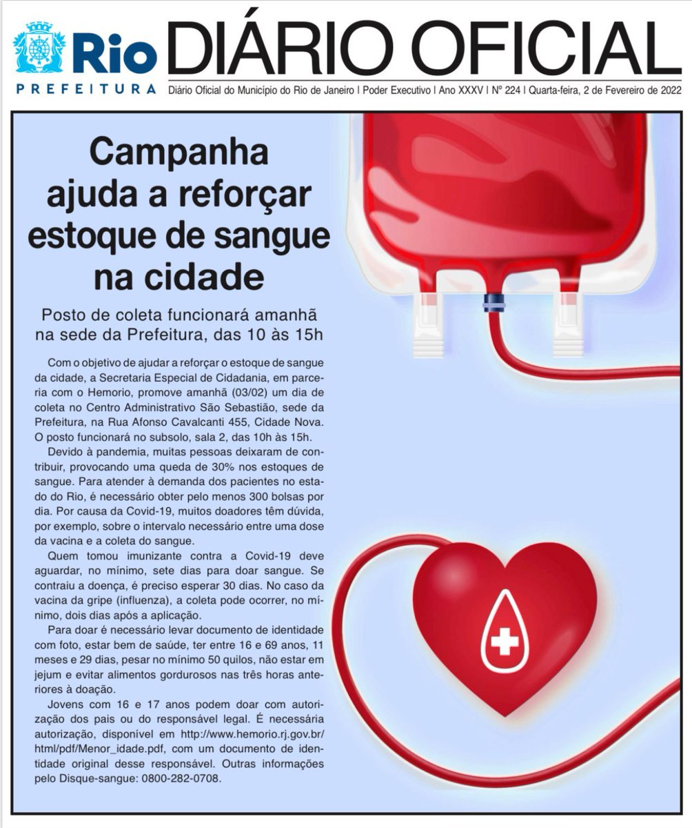 Visando ajudar a reforçar o estoque de sangue da cidade, a Secretaria Especial de Cidadania, em parceria com o Hemorio, promoverá nesta quinta-feira (03), um dia de coleta de sangue no Centro Administrativo São Sebastião – CASS.