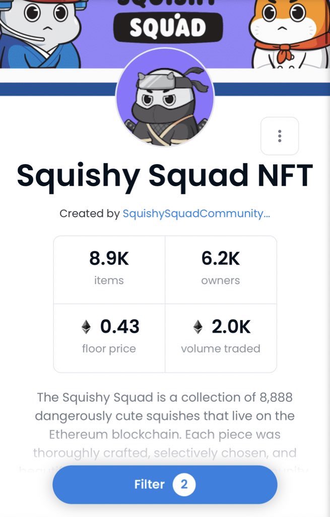 GabrieleNFTs's tweet photo. @SquishySquadNFT floor went from .2 to .43 in less than a week. I knew this was going to happen, so much utility behind with a high quality team. Im so proud of being part of the comunity❤️ 

I can see this going to 1eth floor very soon... mark my words https://t.co/XnhbeorHhO
