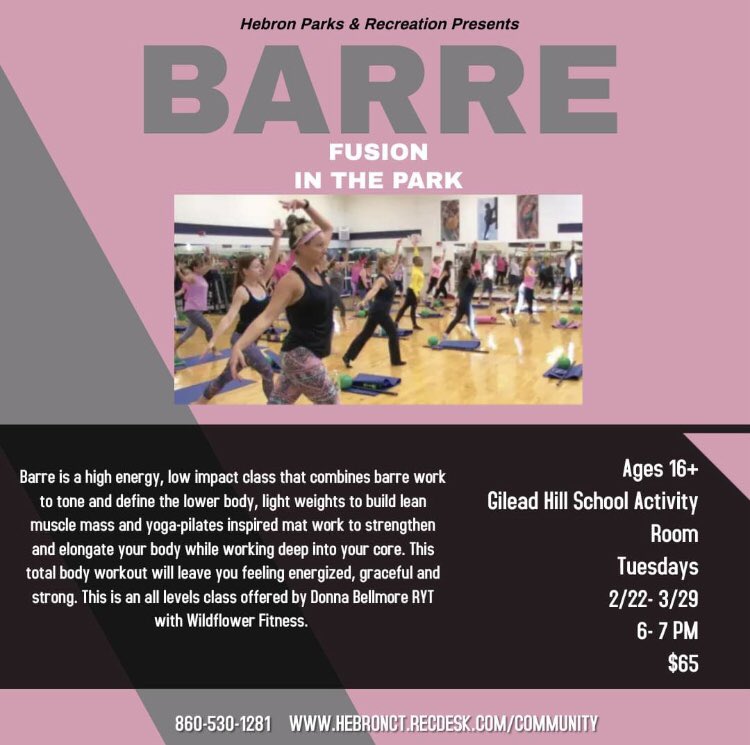 HebronCTRec's tweet image. Stay active this winter!  Join us for Barre and or Yoga with Donna Bellmore, RYT with Wildflower Fitness!  Register now, space is limited!