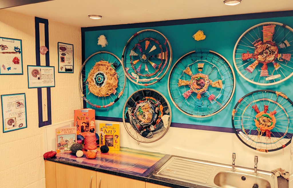 NethertonJI's tweet photo. Mrs C is over the moon with Year 3/4's fabulous results from their art topic 'textiles'. Massive thanks goes to 'Cycology Bike Recycling at Gav's Bikes', who very kindly donated the bicycle wheels to weave onto. @TammyKanat #amazingartists 👨‍🎨🌟 https://t.co/W9Jc9JHsJr