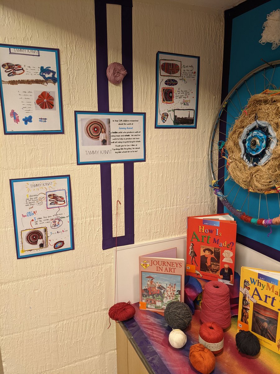 NethertonJI's tweet photo. Mrs C is over the moon with Year 3/4's fabulous results from their art topic 'textiles'. Massive thanks goes to 'Cycology Bike Recycling at Gav's Bikes', who very kindly donated the bicycle wheels to weave onto. @TammyKanat #amazingartists 👨‍🎨🌟 https://t.co/W9Jc9JHsJr