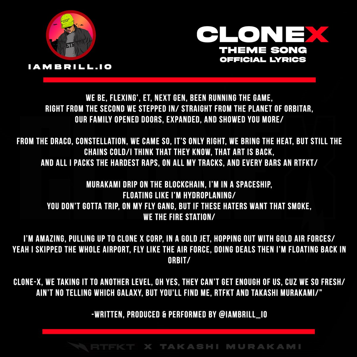 iAmBrill_io's tweet photo. @Zaptio Made a theme song for #CloneX! (lyrics/vid/soundcloud link below!) @Zaptio @RTFKTstudios @takashipom @clegfx   https://t.co/pKWYr84FIr, https://t.co/N5vTGPiXbj https://t.co/k0GpqQaudI