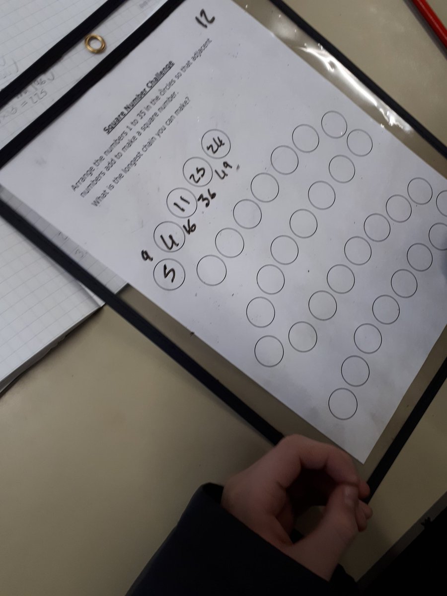MathsatKGS's tweet photo. S1s tackling the square number challenge. The longest chain found so far was 20 numbers. #mathsrockedtoday https://t.co/dVBNdbgzfr
