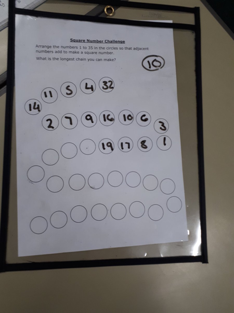 MathsatKGS's tweet photo. S1s tackling the square number challenge. The longest chain found so far was 20 numbers. #mathsrockedtoday https://t.co/dVBNdbgzfr