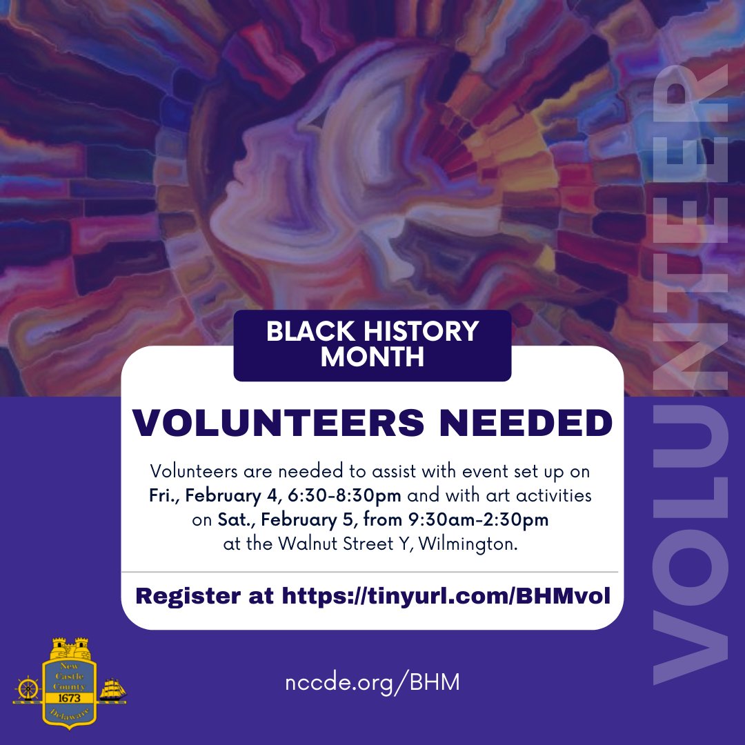 NCCDE's tweet image. NCC is looking for volunteers for the 2022 Black History Month Kick-off Celebration, Sat., 2/5, Walnut Street Y, Wilmington. Volunteers also needed Friday eve to help set up. Register today at tinyurl.com/BHMvol  nccde.org/BHM #netde #nccde #DEvol @VolunteerDE