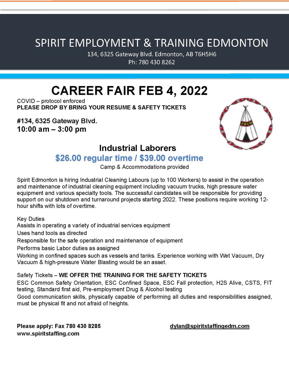 Spirit Employment & Training Edmonton Career Fair February 4, 2022. #Alberta