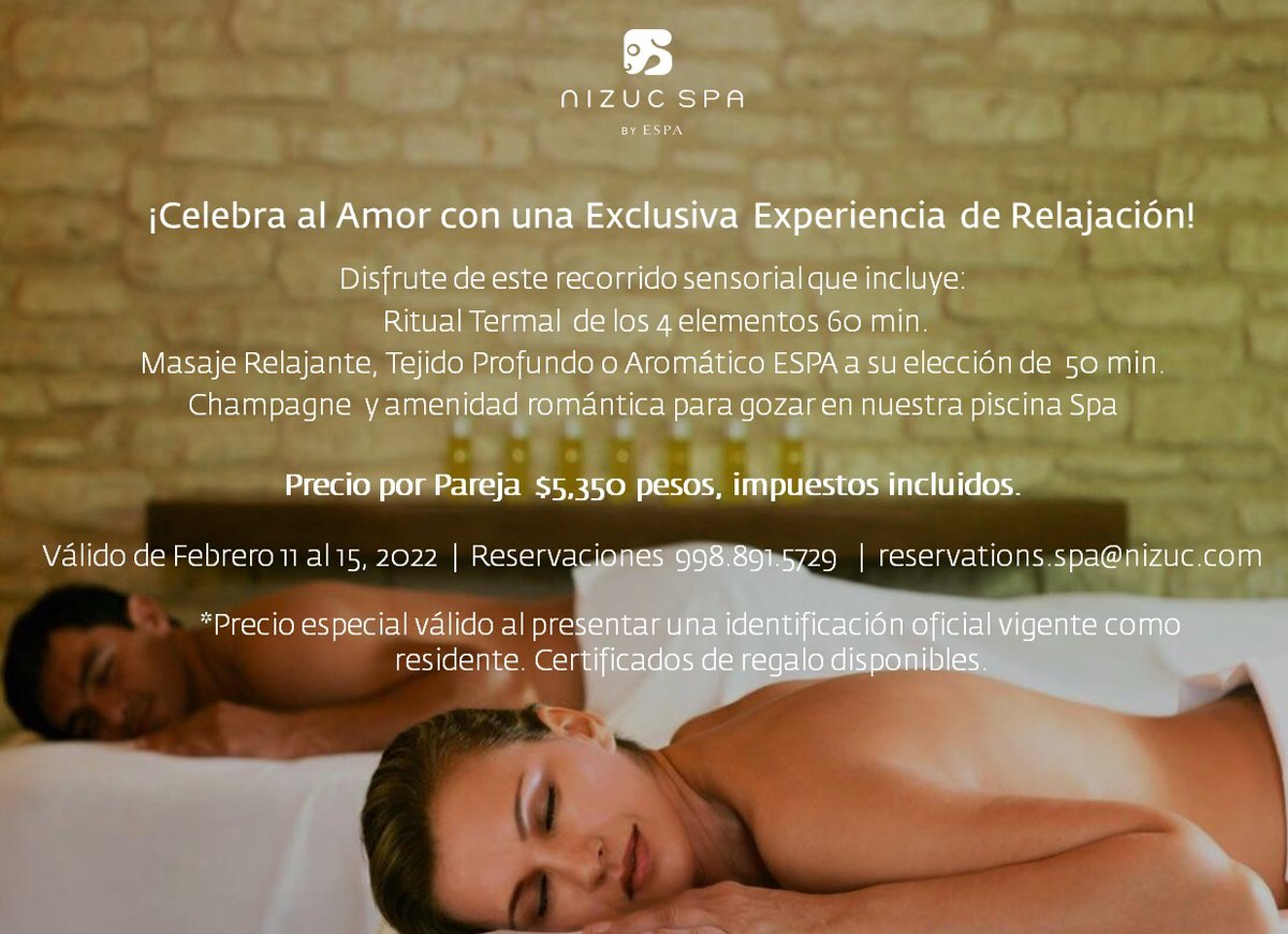 Celebra al Amor ♥️ en <a href="/NIZUCSPABYESPA/">NIZUC SPA BY ESPA</a> 
Reservaciones 📞 998.891.5729     reservations.spa@nizuc.com
*Precio especial para residentes de Cancún-Riviera Maya al presentar una identificación oficial. Contamos con certificados de regalo.