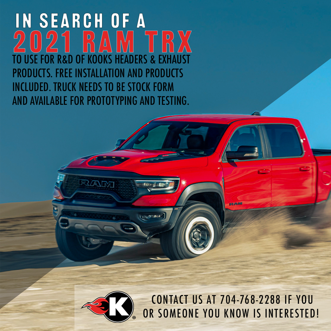 KooksHeaders's tweet photo. We are searching for a 2021 RAM TRX pickup to use for test fitment and R&D here at #Kooks. If you or someone you know with a ‘21 RAM is ready to #getkookin, here’s your chance! Contact us at 704-768-2288 or info@kooksheaders.com if interested. #kookinwithkooks #ram #ramtrucks https://t.co/rrT0nrPiPw