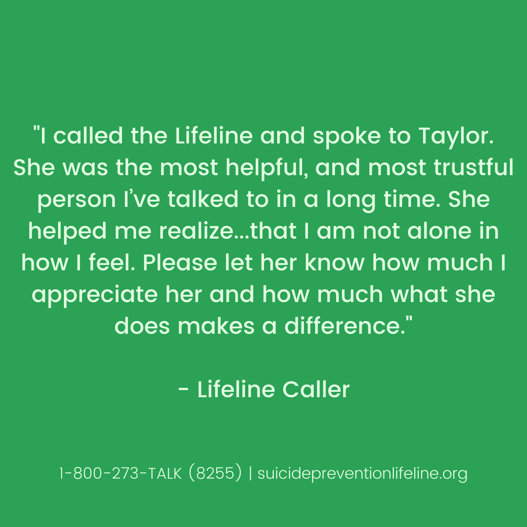 Counselors like Taylor are the heroes of the Lifeline &amp; #suicideprevention. They answer the calls, 24/7/365. If you're struggling with some tough thoughts or emotions, don't hesitate to reach out. Call 1-800-273-TALK (8255) to be connected to a trained, caring counselor 💚