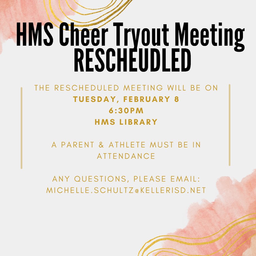 MathwithMeech's tweet photo. HMS Cheer Tryout Meeting rescheduled! @HillwoodMS @ParkwoodHill @KellerISD @KISDAthletics @KellerCentralHS https://t.co/7pPcDiabYY