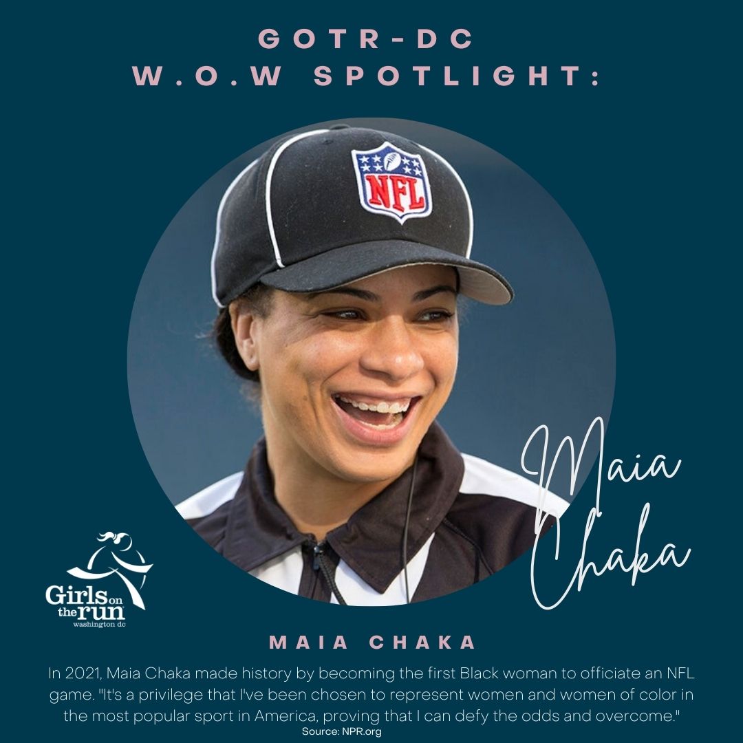GOTRDC's tweet photo. Since it's National Girls and Women in Sports Day, we want to say WOW! and spotlight Maia Chaka for making history as the first Black woman to officiate an NFL game. #WomenOnWednesday #WOW #GirlsOnTheRun https://t.co/u8VRv9rCp7