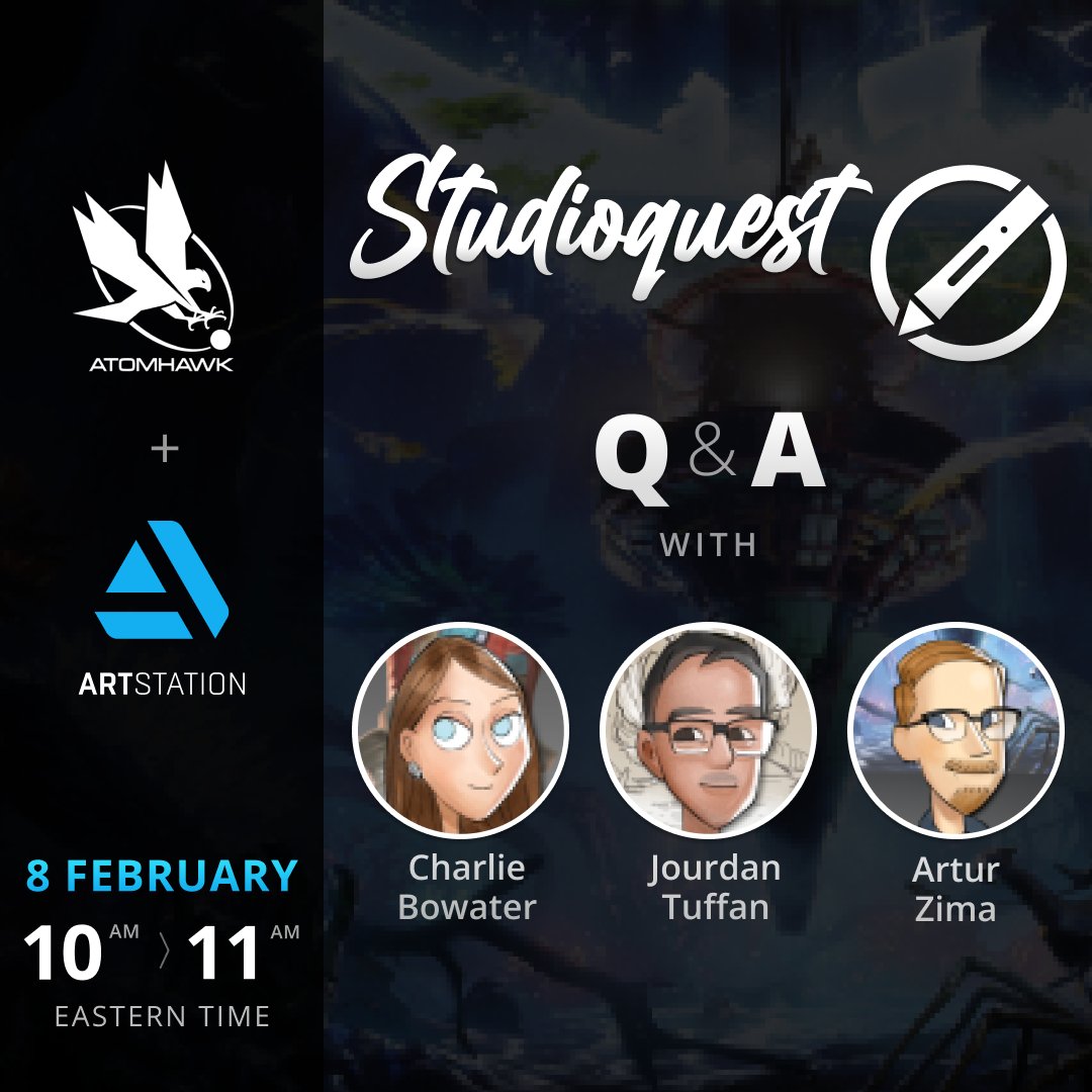 ArtStationHQ's tweet photo. On February 8th at 10 AM Eastern, @charliebowater, Jourdan Tuffan, and @ArturZima will be answering your questions about the exciting new #StudioQuest series on #ArtStationLearning: https://t.co/rvuPtE0InE
#Atomhawk #ConceptArt #DigitalArtist #2D #DigitalArt #ArtStationHQ https://t.co/xHj5ImKGbf
