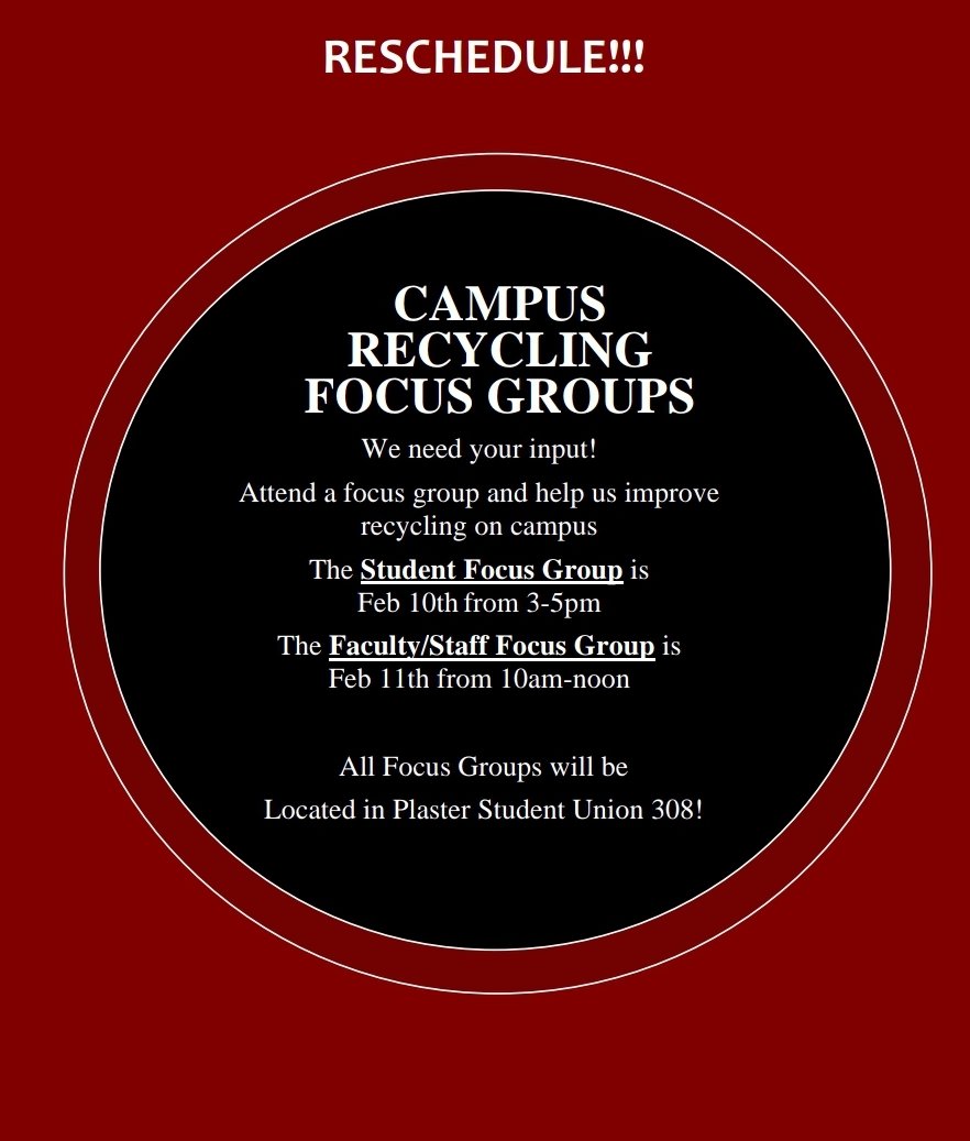 Do to the weather this week, we have rescheduled both the student and faculty focus groups.

Student Focus groups- Feb. 10th at 3-5pm.
Faculty Focus group-Feb. 11th at 10am-noon.
Both will stay in the same location in PSU 308.
