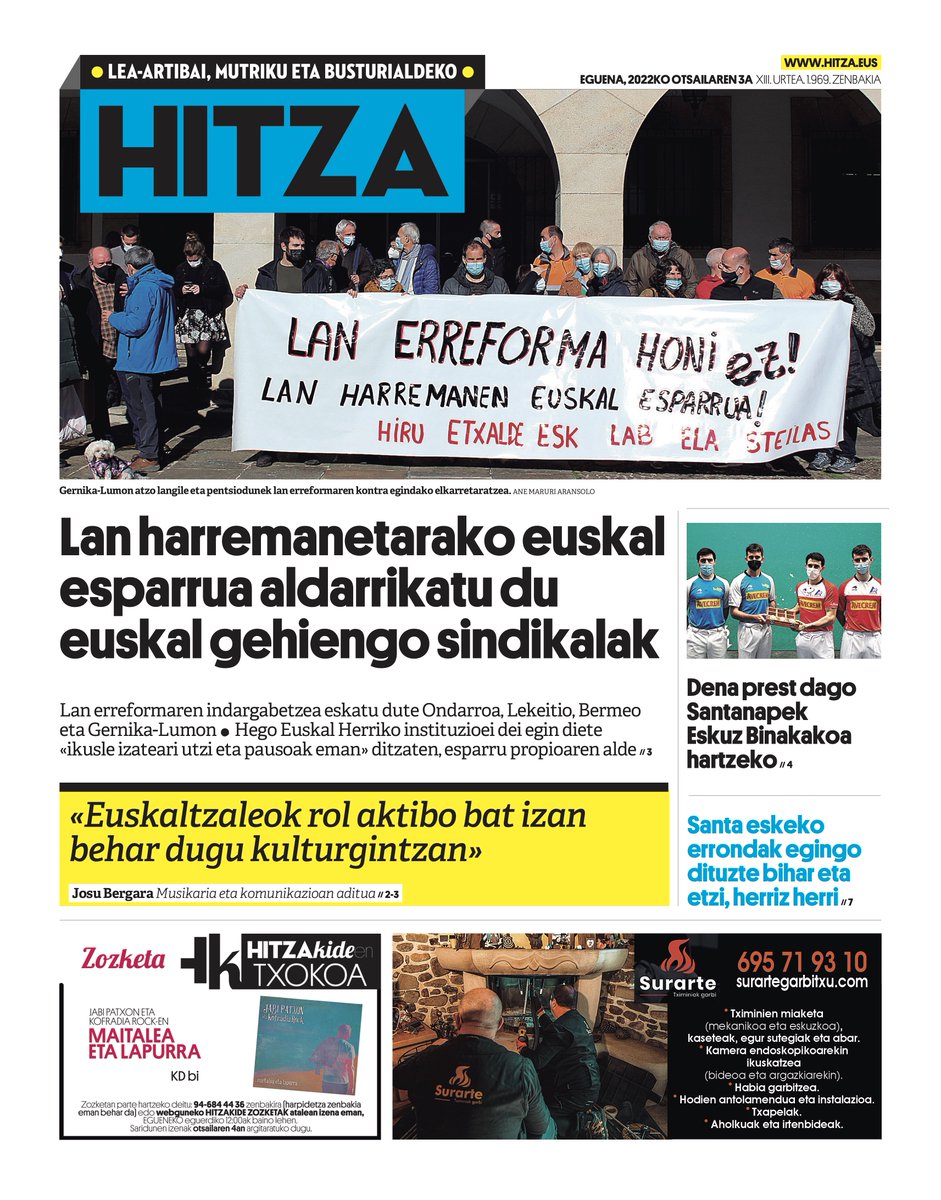 HITZAleamutriku's tweet photo. 🗞️GAURKO AZALA (eguena, otsailak 3) 

👉https://t.co/zICf0PQJQl

– @josubergara #SantaEskea @labbusturilea @ELAsindikatua @hirusindikatua @STEILAS_ #LanErreformariEz #LanErreforma – https://t.co/AoJ4EYpcs5