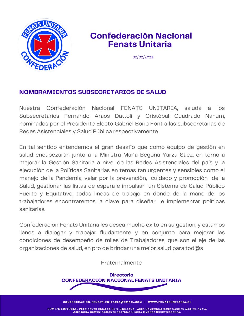 Nuestros mejores deseos al Equipo de Gestión que se incorpora al gabinete de la Ministra de Salud,   Dra. María Begoña Yarza Sáez; los médicos Dr. Fernando Araos Dattolli en Redes Asistenciales y Cristóbal Cuadrado Nahum en Salud Pública.